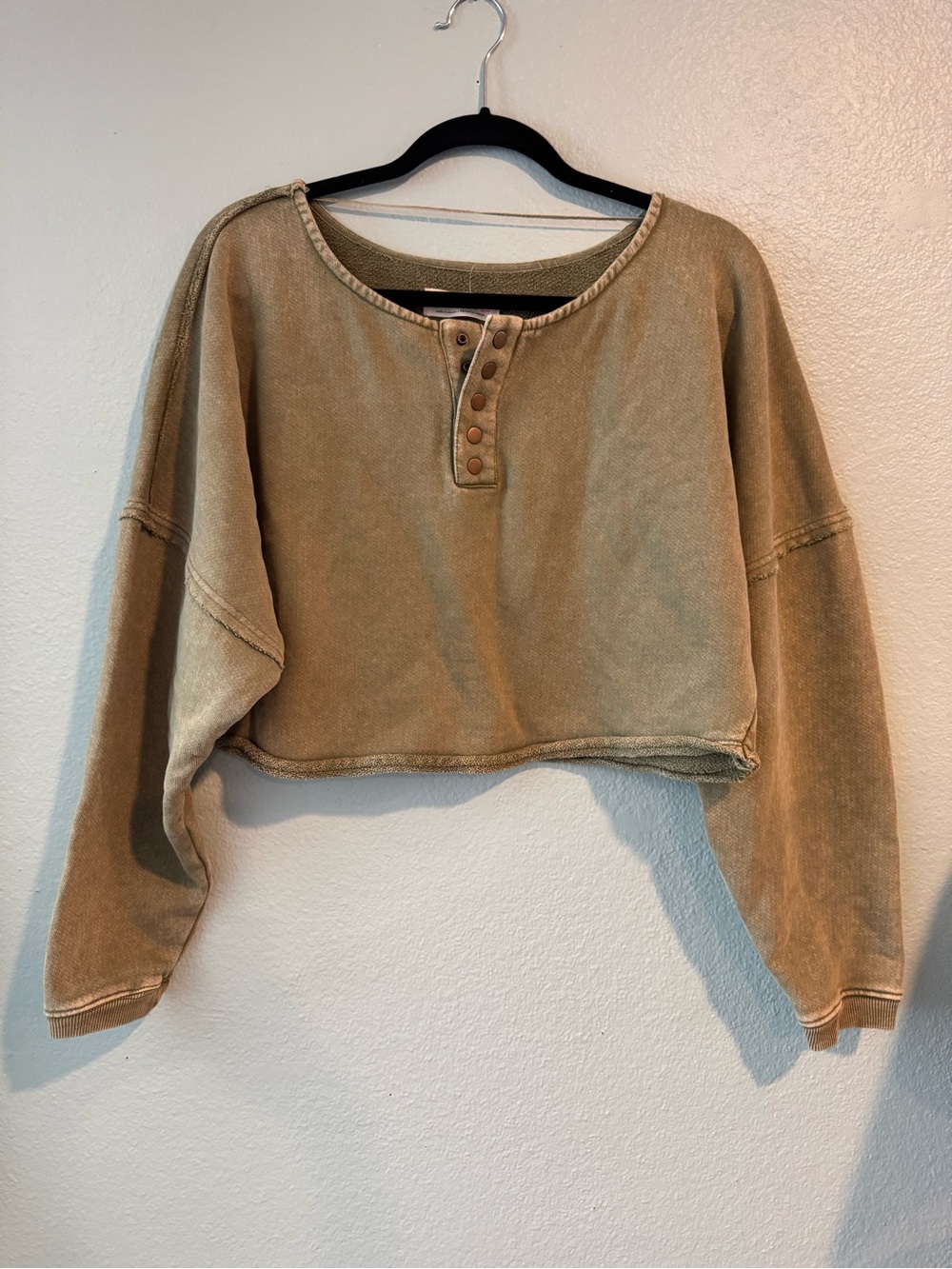 NWT Free People Katie Cropped Henley Sweatshirt Olive Palm Oasis Medium